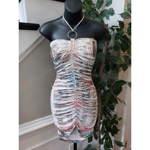 Body Central Bodycon Dress Womens Small Multi Paisley Sparkle Ruched Halter Neck - Picture 1 of 8